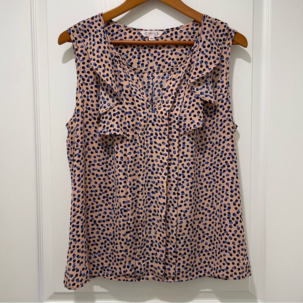 NANETTE LEPORE Pink And Blue Polka Dot Sleeveless Blouse Size Large Flowy Ruffle